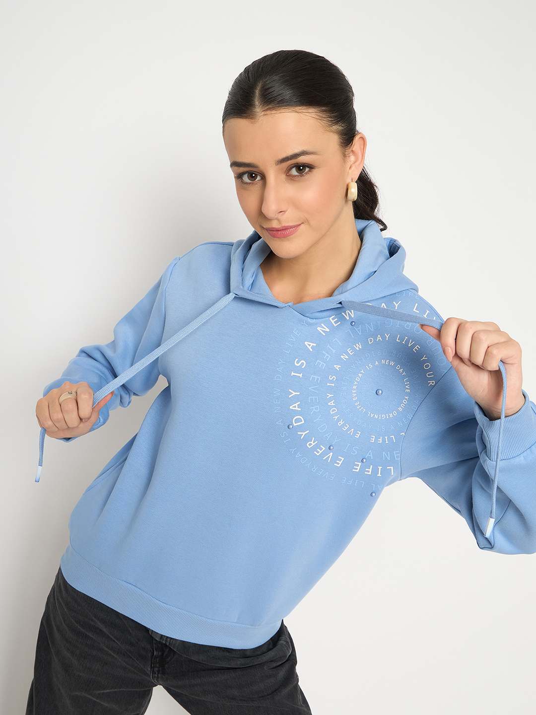 Madame Placement Printed Pearl Detailed Powder Blue Sweatshirt