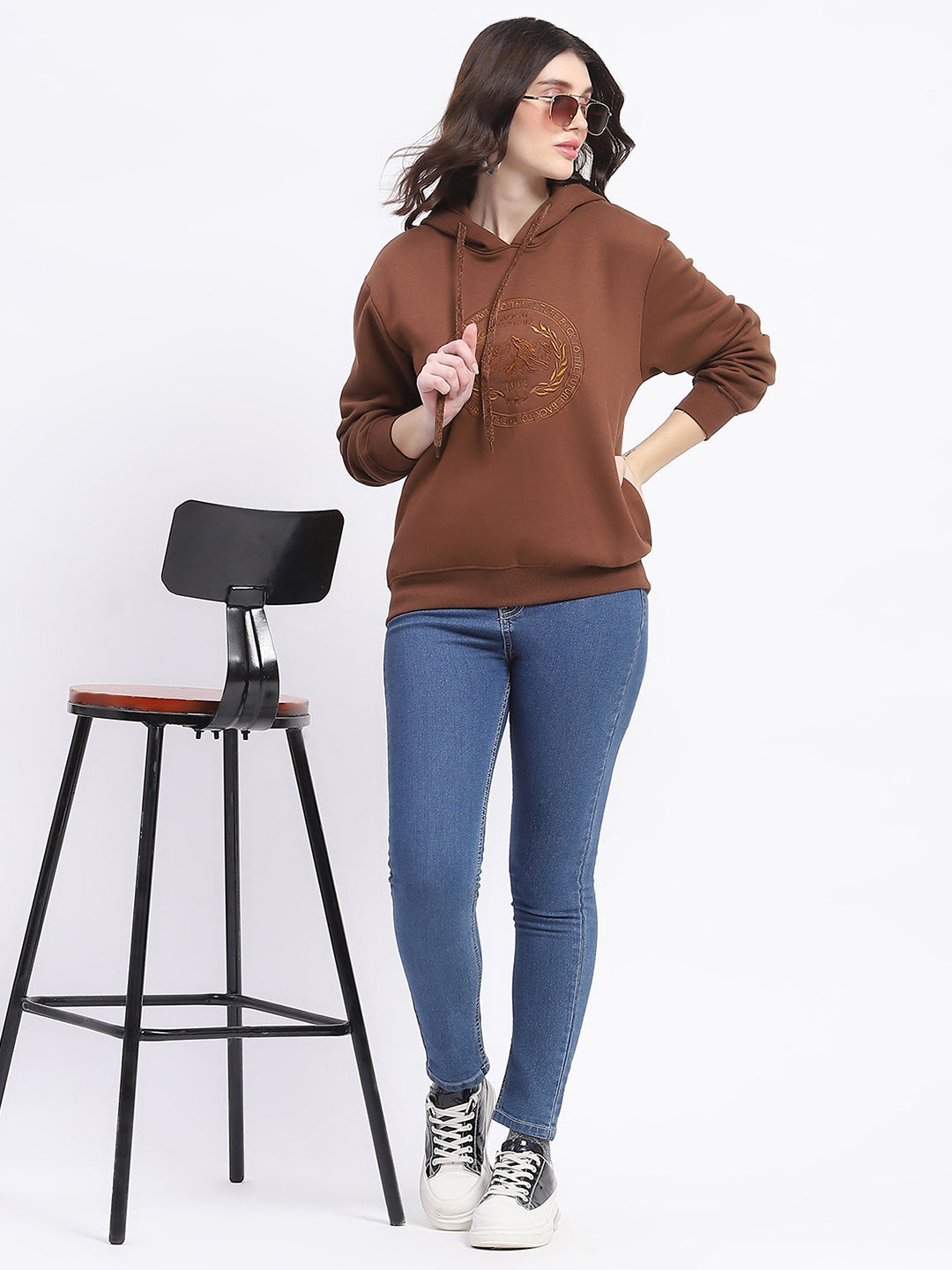 Madame Fleece Embroidered Closed Brown Hooded Sweatshirt