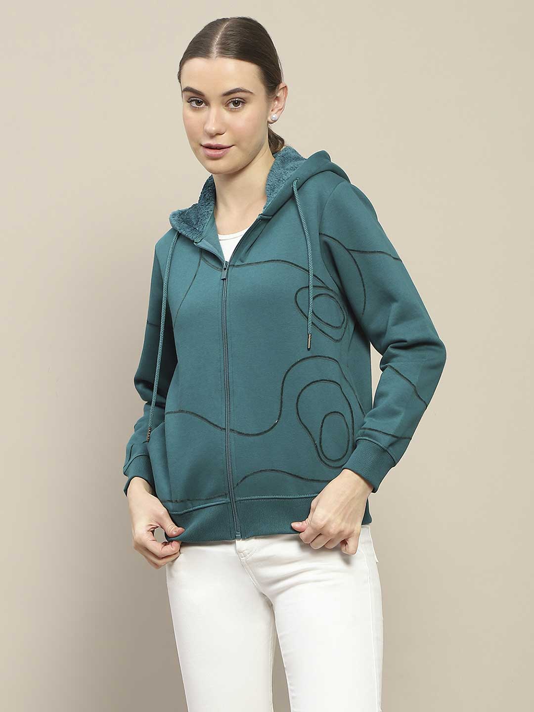 Madame Geometric Print Zipped Teal Hooded Sweatshirt